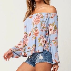 BILLABONG Blue & Pink Floral Off-Shoulder Top